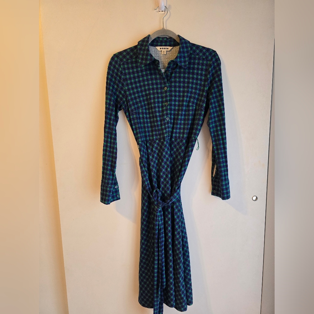 $145 Boden Laura Jersey Midi Shirt Dress Abstract Green Blue Sz 2P - Picture 10 of 10